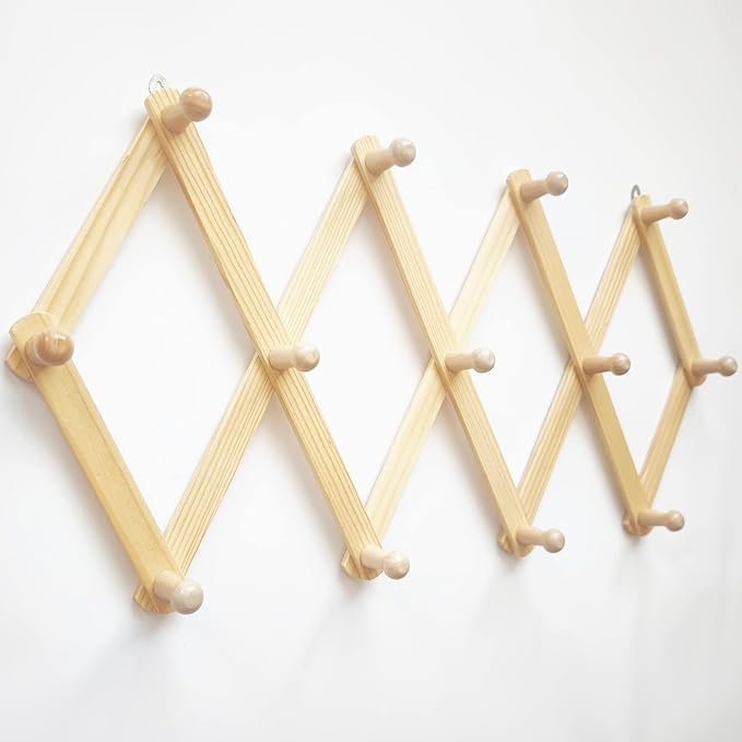 AMAPON Accordion Style Expandable Wall Wooden Coat Rack 13 Hooks (Pegs) Hang Hats Jackets Coffee Mug Purses Necklaces Towels Cap Leash Scarves Data Line Kitchenware