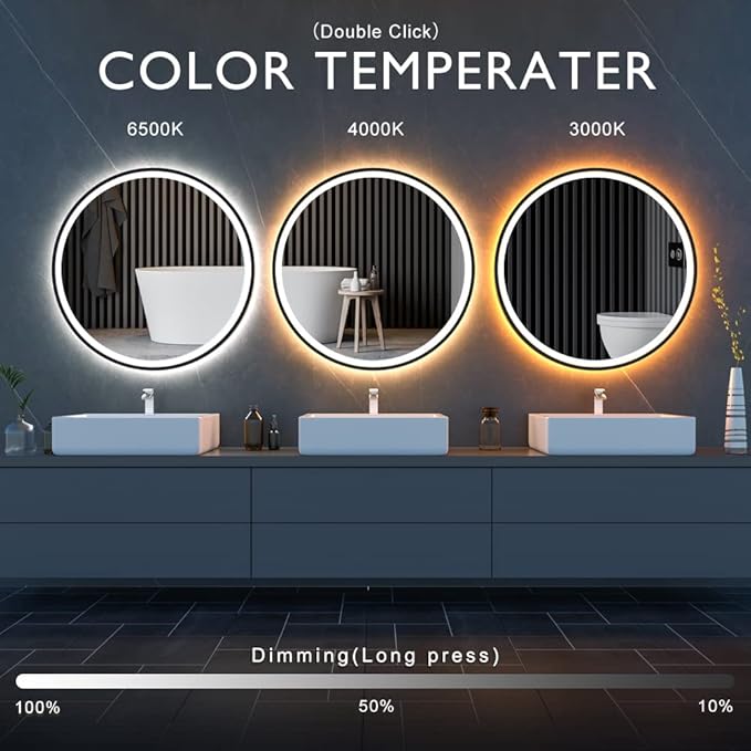 LED Sensor Mirror, Round Human Body Induction, Black Framed Vanity Mirror, Illuminated Dimmable Anti Fog IP44 Waterproof Wall Mounted Mirror (24" L x 24" W)