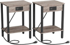 VIMBER Set of 2 End Table with Charging Station, Narrow Side Table with USB Ports and Outlets, Nightstands with 2-Tier Storage Shelves, Sofa Table for Small Space Living Room Bedroom, Greige