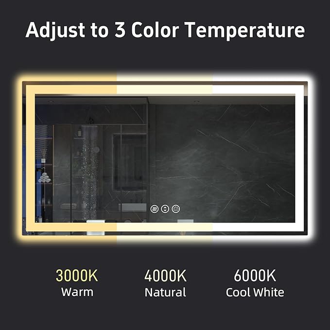 60"x 36" LED Bathroom Mirror, Double Lighting Sources Dimmable, Backlit + Front Lit, Anti-Fog, Stepless Dimmable, Lighted Bathroom Vanity Mirror for Wall Tempered Glass (Horizontal/Vertical)