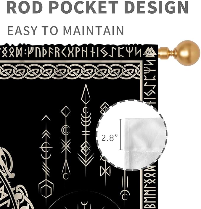 Viking Curtains, Nordic Tree of Life Celtic Rune Scandinavian Gothic Norse Mythology Aesthetic Retro Drapery for Bedroom Living Room Bathroom Window 2 Panel Set, 42"x63" Inch