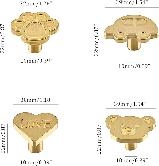 4Pcs Brass Knobs for Kids Cute Decorative Handles for Boys and Girls (Heart)