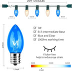 Minetom C9 Blue and Clear Christmas String Lights, Outdoor Christmas Lights String, Hanging Roofline Lights, Patio Lights for Outdoor Decor, Green Wire, 25 Feet