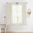 Treatmentex Pom Pom Linen Sheer Curtains for Living Room 63 inches Length Slub Textured Natural Farmhouse Window Sheers Drapes 52" w x 2 Pack, Rod Pocket, Beige