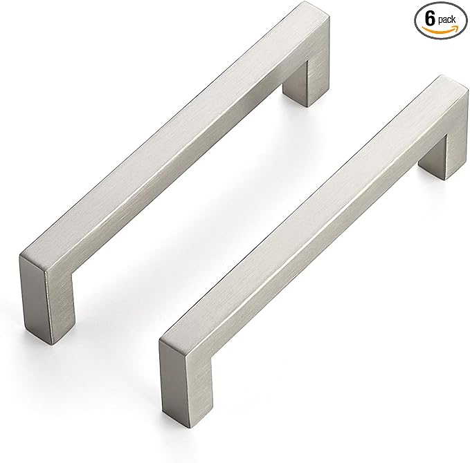 JOY DECOR 6 Pack Cabinet Handles, Brushed Nickel Cabinet Pulls, 5 Inch Kitchen Closet Handles Square Drawer Pulls Stainless Steel Drawer Hardware, 128mm Hole Centers