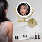 Matte Gold Wall Mounted Makeup Mirror with Lights and 10X Magnification, 8" Rechargeable 2-Sided 3-Colors, Touch Dimmable Extended Arm 360 Rotation, Foldable Vanity Cosmetic Shaving Mirror Bathroom