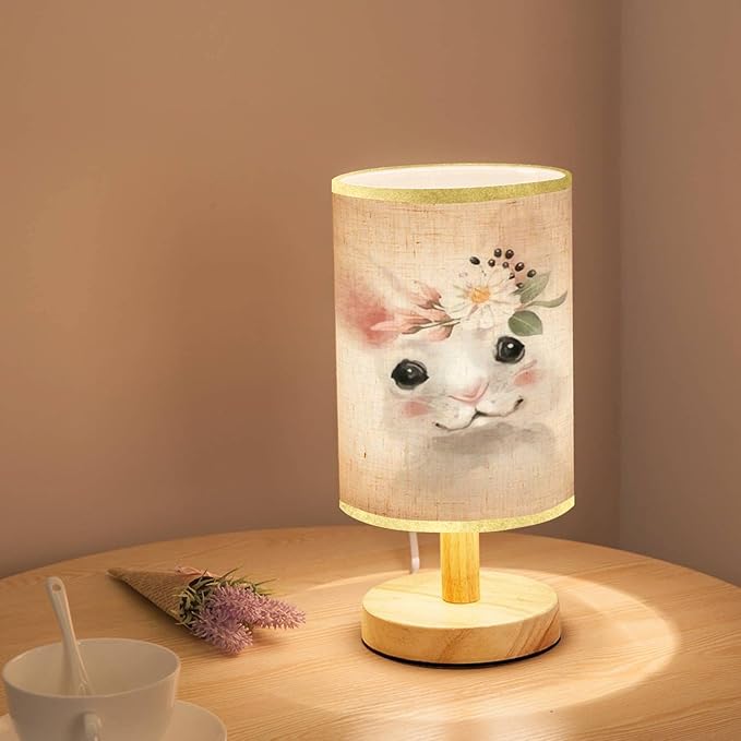 LOPYEIJFG Minimalist Bedside Table Lamp Cute Hand Drawn Bear in Floral Wreath Flowers Bouquet Woodland Wood Nightstand Lamp Bedside Desk Lamp Wood Base Flaxen Fabric Shade for Bedroom Living Room