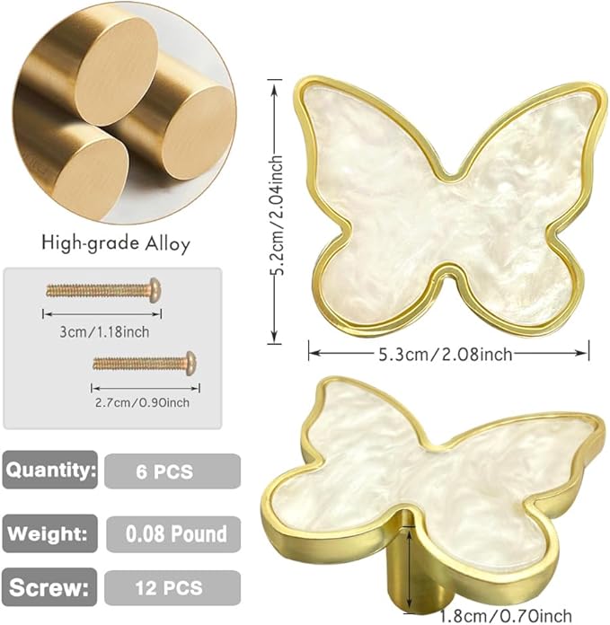 6 pcs Butterfly Shape Knobs Handle Gold Cabinet Knobs Decoration Door Handle Single Hole Handles Cabinet Drawer Dresser Kitchen Wardrobe Furniture Hardware Pulls (White)