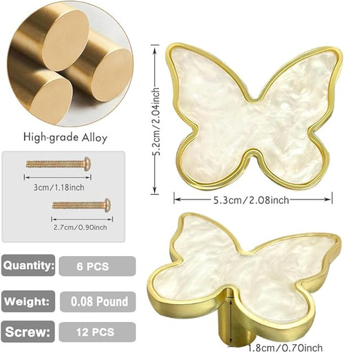 6 pcs Butterfly Shape Knobs Handle Gold Cabinet Knobs Decoration Door Handle Single Hole Handles Cabinet Drawer Dresser Kitchen Wardrobe Furniture Hardware Pulls (White)