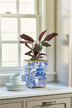 Jaye’s Studio Garden Party Decorative Gold Waste Basket for Bathroom Trash Can no Lid, Bedroom Garbage Can Square Office Trash Bin, Vanity Enamel White & Blue Bathroom Trash Can Gold Feet, 9 inch Wide