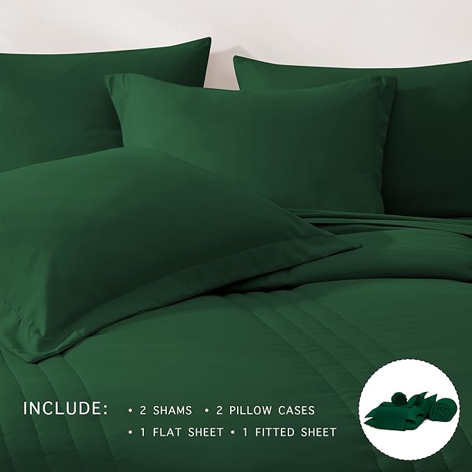 Monbix Queen Comforter Set - 7 Pieces Emerald Green Bed in a Bag Queen Bedding Sets with Comforters, All Seasons Down Alternative Comforter Bed Set with Sheets, Pillowcases & Shams