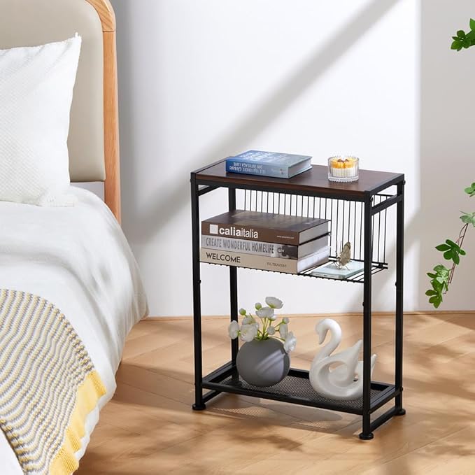 Small Side Table for Small Spaces - Slim End Table with Magazine Holder - 2 in 1 Design Narrow End Table Living Room - Skinny Bedside Table Nightstand Bedroom Thin Side Table, Cherry