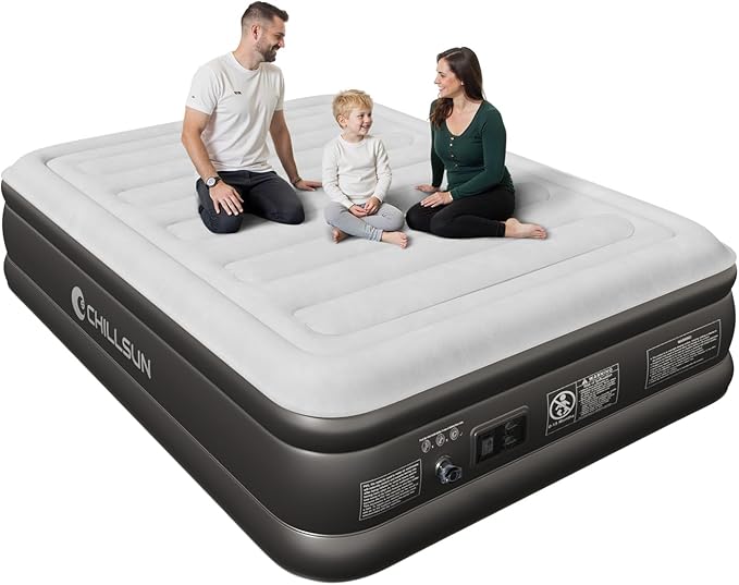 CHILLSUN 2025 Upgraded Queen Air Mattress with Built in Pump, 3 Mins Quick Self-Inflation Blow Up Mattress, 18" Luxury Flocked Top Inflatable Mattress, Airbed for Camping Guests and Home