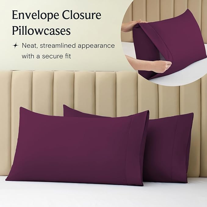 LuxClub 4 PC Full Sheet Set, Breathable Luxury Bed Sheets, Deep Pockets Wrinkle Free Cooling Bed Sheets Machine Washable Hotel Bedding Silky Soft - Eggplant Full