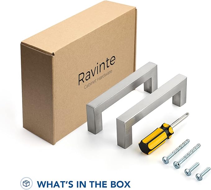 Ravinte 5 Pack Brushed Nickel Kitchen Cabinet Handles 3-3/4 Inch Cabinet Pulls Square Kitchen Hardware for Cabinet Drawer Pulls Drawer Handles Come with Screwdriver