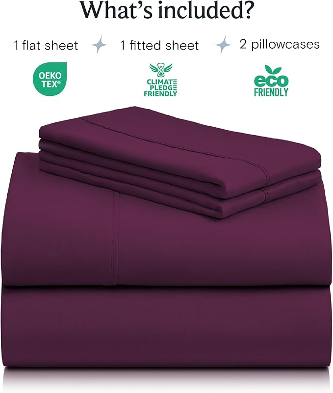 LuxClub 4 PC Queen Sheet Set, Deep Pockets Wrinkle Free Cooling Bed Sheets Hotel Bedding for Women, Men, Kids & Teens, Includes 1 Fitted Sheet, 1 Flat Sheet and 2 Pillowcases - Silky Soft Eggplant