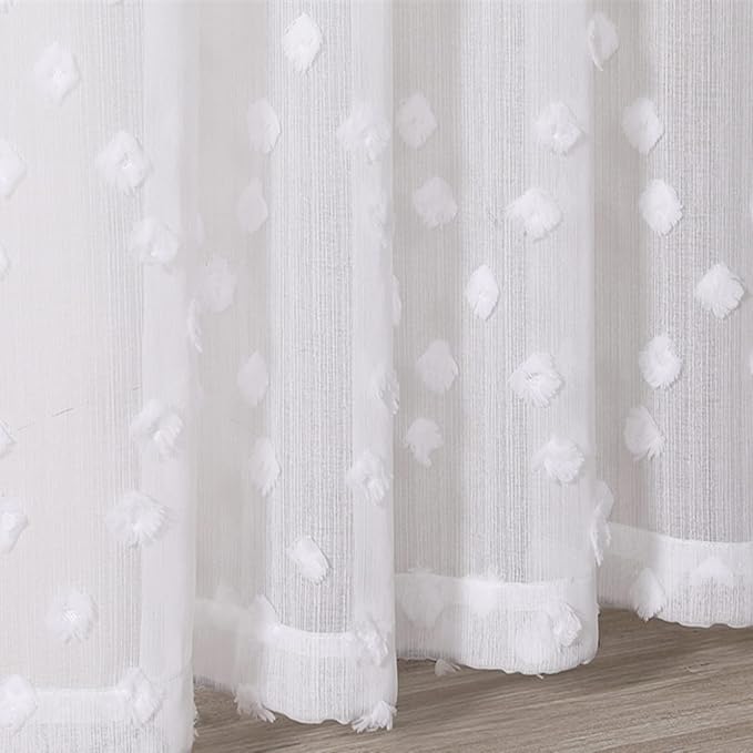 MYSKY HOME White Sheer Short Curtains with Pom Pom for Small Windows Bedroom Nursery Kids Girls Room Curtains Cafe Kitchen Light Filtering Boho Drapes, Rod Pocket,38 x 45 Inches, 2 Panels