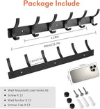 Coat Rack Wall Mount, Coat Hook Wall Mount, Wall Hooks for Hanging, Hat Rack for Walls, Coats Hanger with 12 Hook, Towel Hooks for Bathrooms (1 Pack, Black)