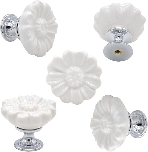 6PCS Vintage Floral Daisy Ceramic Dresser Drawer Knobs Elegant Cabinet Cupboard Door Hardware Pull Handles w/Screws White