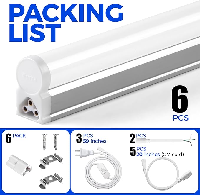 Barrina T5 LED Ceiling Light Fixtures, 2FT, 5000K (Daylight White), 1100LM, 10W, Corded Electric with Built-in ON/Off Switch, Linkable LED Shop Lights for Garage, Workshop, ETL Listed, 6 Packs