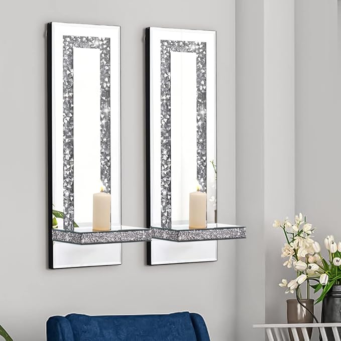 Crystal Crush Diamond Mirrored Candle Sconces, Silver Wall Candle Holder Set of 2, Wall Decorations for Living Room，Dining Room (Rectangle Stripe (Style 4))