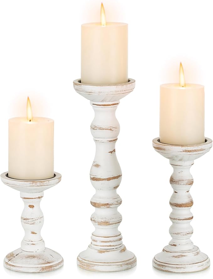 Romadedi Wood Candle Holders for Pillar Candles - Set of 3 Tall Farmhouse Wooden Candlestick Holder, Rustic Candle Stand for Fireplace Mantle Shelf Table Home Decor, Brown Whitewashed 6"/ 8.3"/11.8"