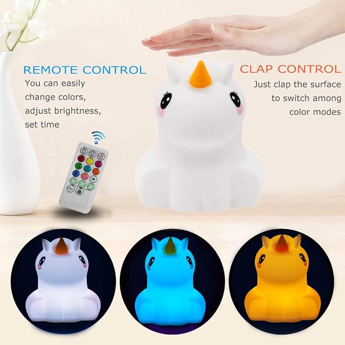 Night Lights Unicorn Nursery Lamp, Children Silicone Bedside Lighting Decorative Bedroom - Eye Caring, Adjustable Brightness & Color, Time Setting, Children's Gift Birthday Presents - Medium
