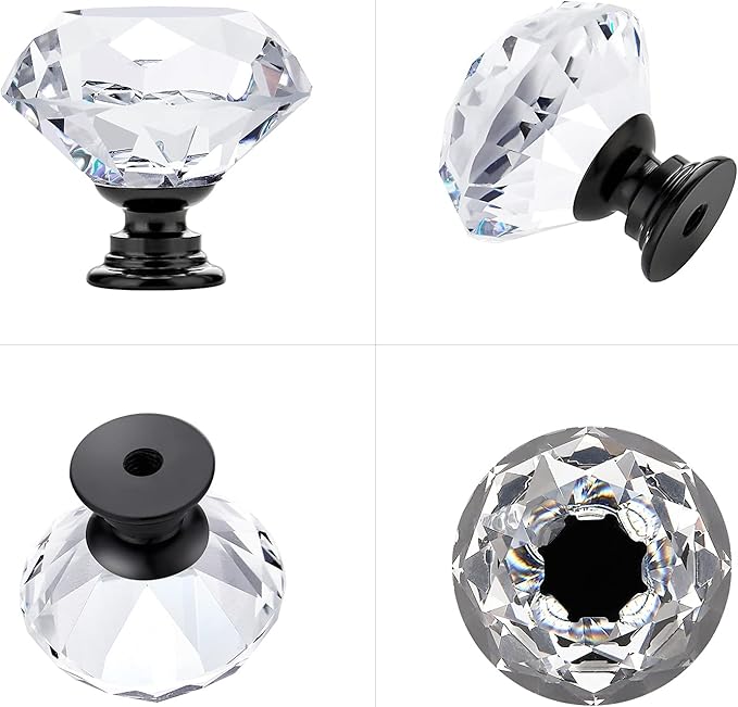 Ravinte 5 Pack Crystal Drawer Knobs - Glass Cabinet Knobs, Diamond Shaped, 30 mm with Black Base