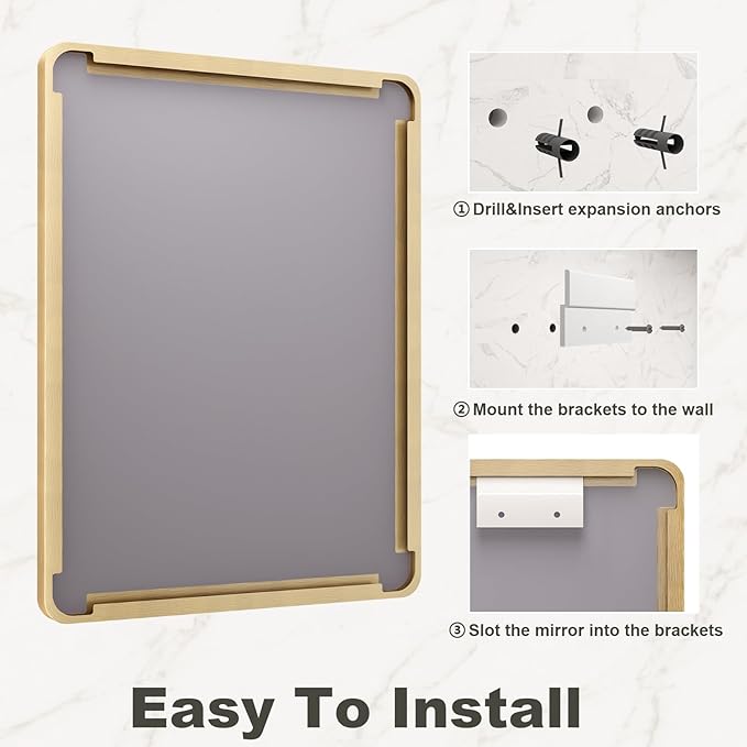 40x30 Inch Gold Framed Bathroom Mirror, Brushed Gold Metal Vanity Mirror, Gold Rectangle Mirror for Wall, Rounded Corner, Tempered Glass, Anti-Rust, Shatterproof (Horizontal/Vertical)