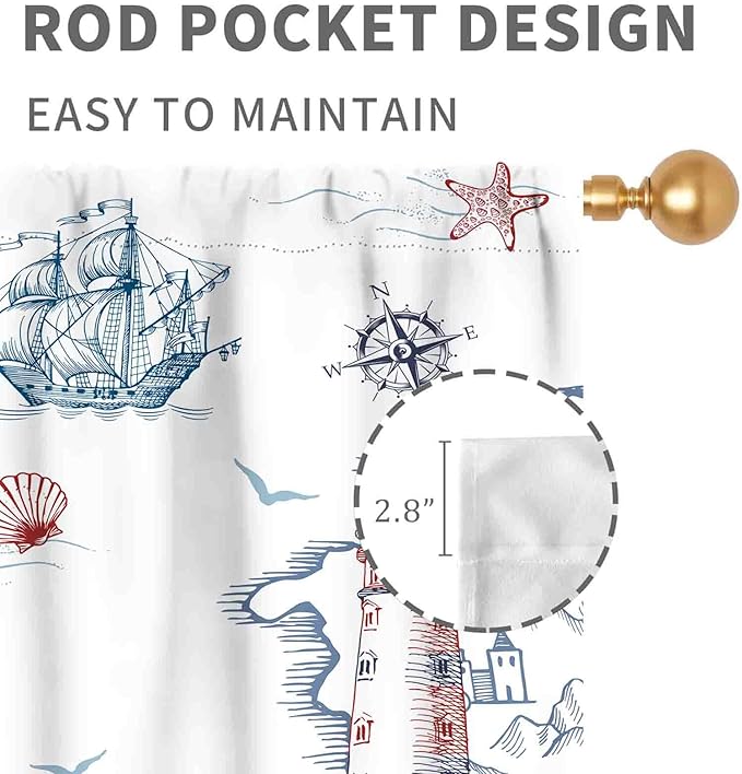 Nautical Curtains, Vintage Marine Coastal Sailboat Compass Anchor Ocean Beach Lighthouse Watercolor Blue Decorative Drapes for Bedroom Living Room Kitchen Bathroom Window 2 Panels, 84"x63" Inch