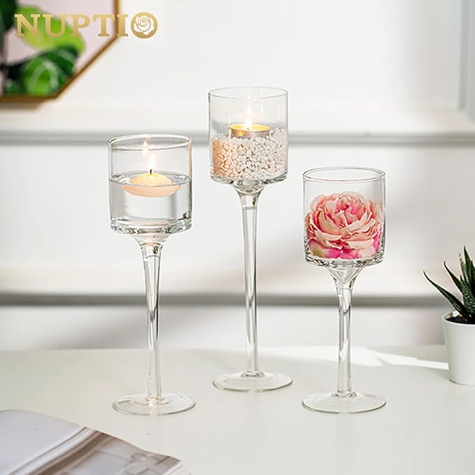 NUPTIO Glass Tealight Candle Holders: Set of 6 Tall Candle Stands for Dinner Table Centerpiece - Stemmed Candleholders for Pillar Floating Candles