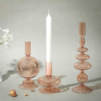 Rtteri 3 Pcs Glass Candlestick Holders Glass Candle Holders Groovy Wavy Elegant Taper Candle Stick for Wedding Home Birthday Party Christmas Halloween Decoration Windowsill Decor(Light Brown)