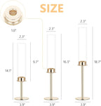 Hurricane Candle Holders Set of 3 Metal Candlestick Holder for Glass Taper Tall Candle Holders with Crystal Chimney Tube Candles Stands for Home Decor, Christmas, Dinning (3, Gold)