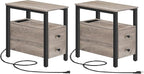 HOOBRO Set of 2 End Tables with Charging Station, Narrow Side Table with Drawers & USB Port & Power Outlets, Nightstand for Small Spaces, Living Room, Stable, Greige and Black BG541BZP201
