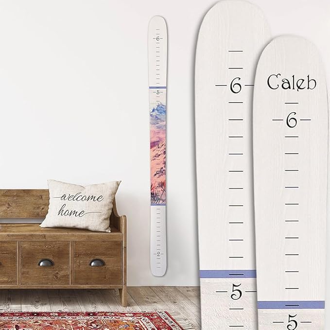 Headwaters Studio Personalized Ski Growth Chart - Wooden Growth Chart for Kids Room & Home Decor, Ski-Themed Wall Decor, Personalized Wooden Ski Ruler White Mountain - 58"" x 4.5""