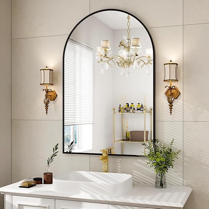 VooBang Arched Wall Mirror, 32 x 48 inch Arch Bathroom Mirror, Wall Mounted Vanity Mirror with Arch Metal Frame, Modern Bathroom Vanity Mirror for Bedroom, Living Room, Hanging or Leaning, Black