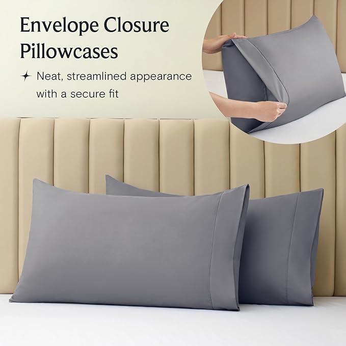 LuxClub 4 PC Queen Sheet Set, Queen Size, Deep Pockets Wrinkle Free Cooling Bed Sheets Machine Washable Hotel Bedding Silky Soft - Light Grey Queen