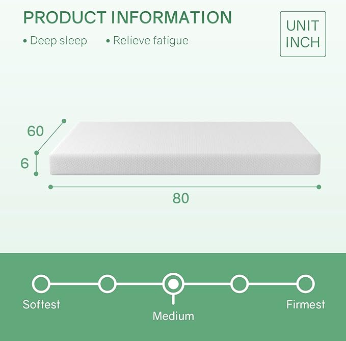 Queen Size Mattress,Fiberglass Free 6 Inch Green Tea Cooling Gel Memory Foam Mattress in a Box,Medium-Firm,Pressure Relief&Temperature Regulation,CertiPUR-US Certified,White