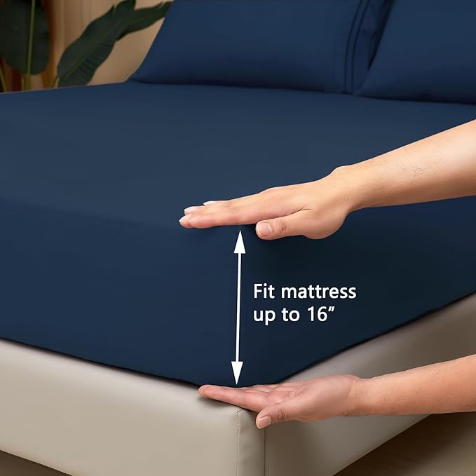Mejoroom Full Size Sheets - 1800TC Luxury Full Sheets with 16 Inch Deep Pocket - Premium Bedding Collection - Extra Soft, Breathable, Wrinkle, Fade & Stain Resistant - 4 Piece (Full, Navy)