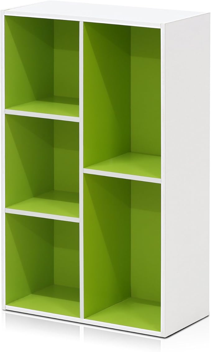 Furinno LUDER Book Shelf, 5-Cube Bookshelf, Reversible Bookcase, 9.4" x 19.5" x 31.5", for Living Room, Bedroom, Home Office, White/Green