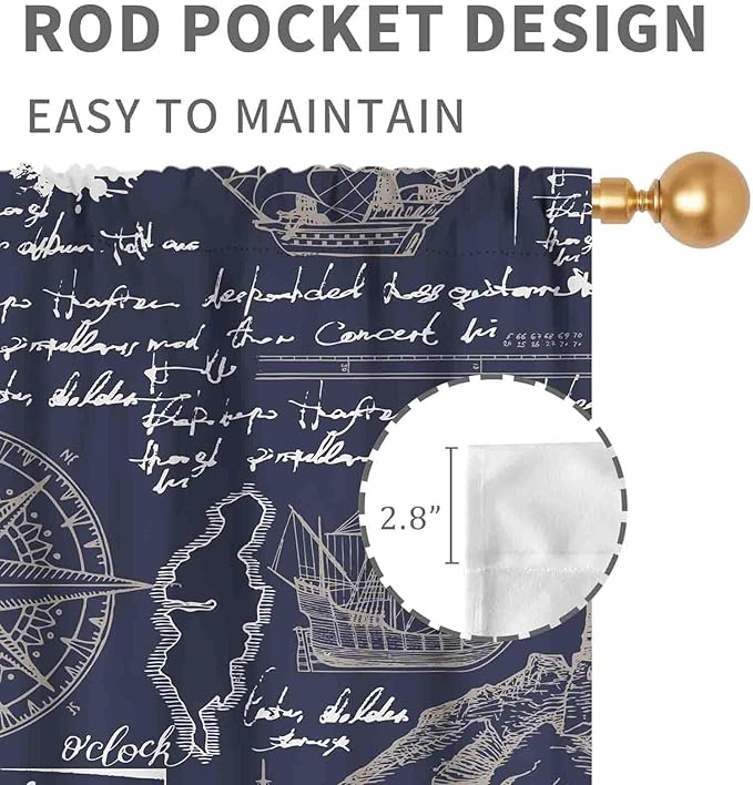 Vintage Nautical Curtains, Marine Coastal Sailboat Compass Anchor Ocean Beach Old Pirate Map Navy Blue Blackout Retro Drapes for Bedroom Living Room Kitchen Bathroom Window 2 Panels, 52"x84" Inch