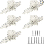 Uenhoy 5 Pcs Rose Cabinet Knobs with Backplate, Vintage Floral Drawer Knob Pulls, Zinc Alloy Rose Flower Drawer Pull Handles for Cabinets and Dresser - 4 Inch, Ivory White with Silver Trim
