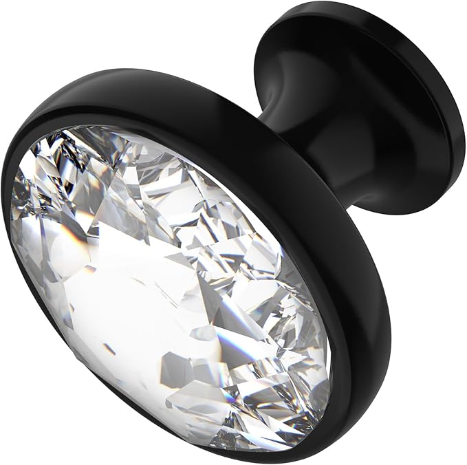 Alzassbg 6 Pack Clear Crystal with Matt Black Base Cabinet Knobs, 1-3/8 Inch (35mm) Diameter Cabinet Hardware Round Crystal Knobs for Drawers AL1011MB