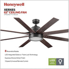 Honeywell Ceiling Fans Xerxes Modern 62 Inch Ceiling Fan with Light, Remote Control Fan, LED Indoor Fan with 8 Blades, Dark Elm and Rough Pine Blade Finish Options, Bronze (50609-01)