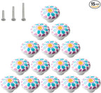 HUAMULAN 15PCS Glossy Ceramic Knobs Button Round Mushroom Cabinet Dresser Vintage Pulls Door Handles Cupboard Wardrobe Drawer, Dia. 1.5 inch 38mm,Colorful Hand Painted