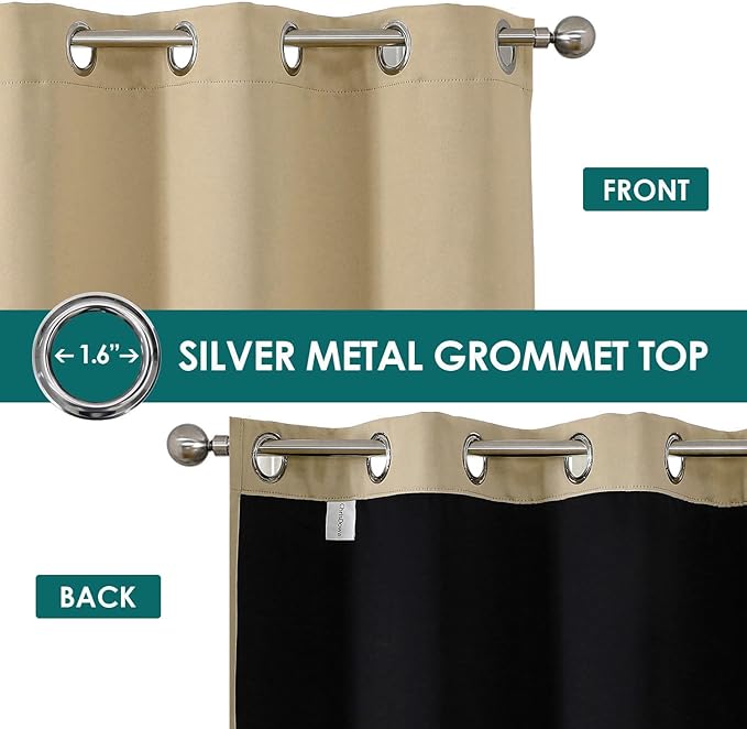 ChrisDowa 100% Blackout Curtains for Bedroom with Black Liner, 2 Thick Layers Total Blackout Thermal Insulated Grommet Window Curtains 2 Panels Set (Beige, 42 x 84 Inch)
