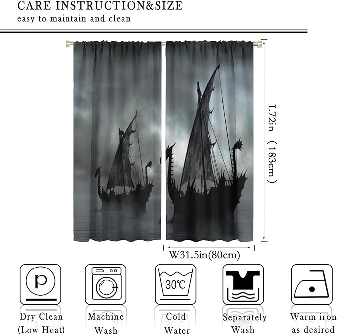 Viking Ship Blackout Curtains,Gloomy Misty Lake Landscape Fantasy Black White Color Sailing Dragon Boat Window Drapes for Boys Girls Bedroom Living Room,Norse Decor 63x72in