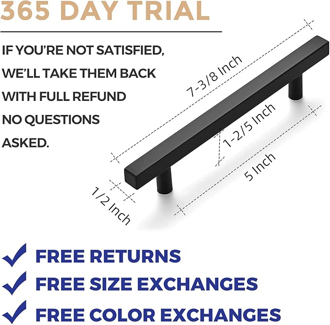 Ravinte Black Cabinet Handles 25 Pack 5 inch Matte Black Square Cabinet Pulls Kitchen Hardware Modern Pulls 7-3/8 inch Overall Length Kitchen Drawer Handles