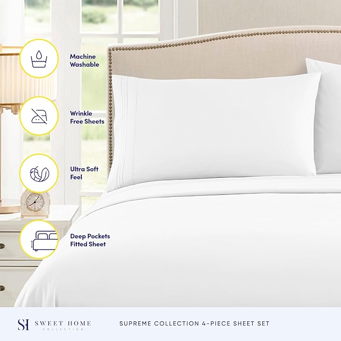 RV Queen Bed Sheets - Breathable Luxury Sheets with Full Elastic & Secure Corner Straps Built In - 1800 Supreme Collection Extra Soft Deep Pocket Bedding Set, Sheet Set, RV Short Queen, White