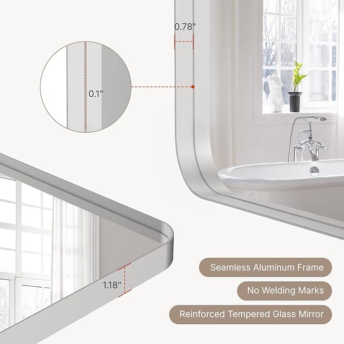 36x30"Bathroom Vanity Mirror for Wall, Aluminum Framed, Farmhouse Rectangle, Anti-Rust, HD Reflection Anti-Desilvering, Distortion Free, Tempered and Shatter-Proof Wall Mounted Mirror, Silver